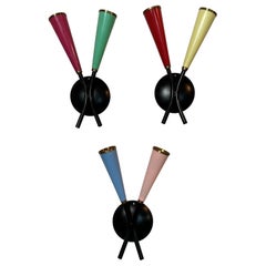 Vintage Set of 3 Italian 2-Arm Sconces with Multicolored Cones, Black and Brass