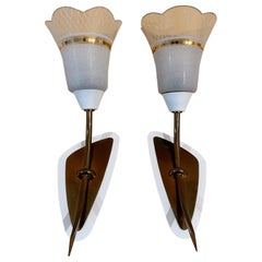 Vintage Pair of Glass, Brass and White Sconces with Scalloped Glass Shades