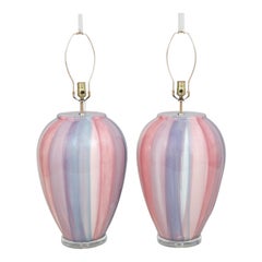1970’s Striped Ceramic & Lucite Table Lamps - a Pair