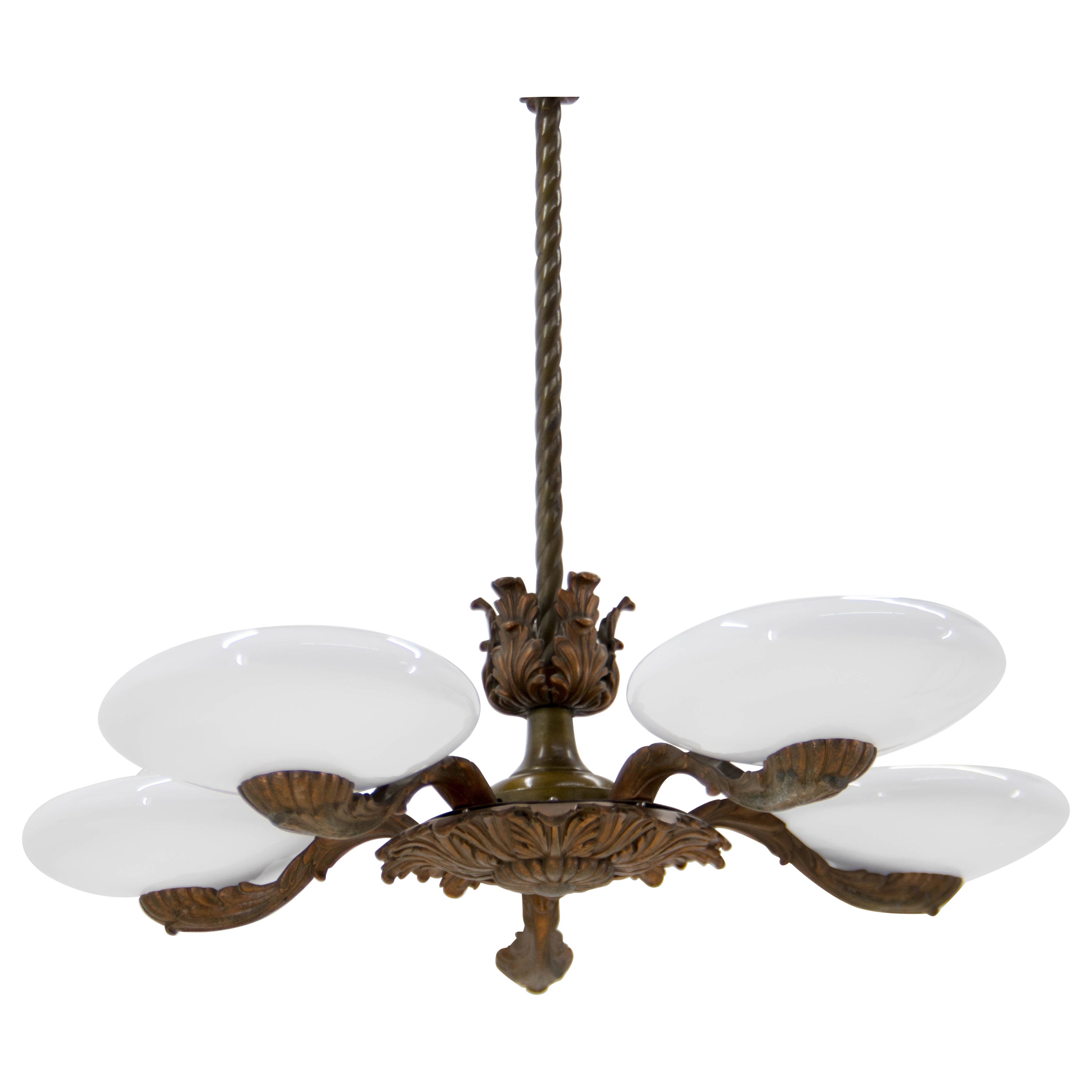 Art Nouveau Metal and Glass Chandelier, 1940s For Sale