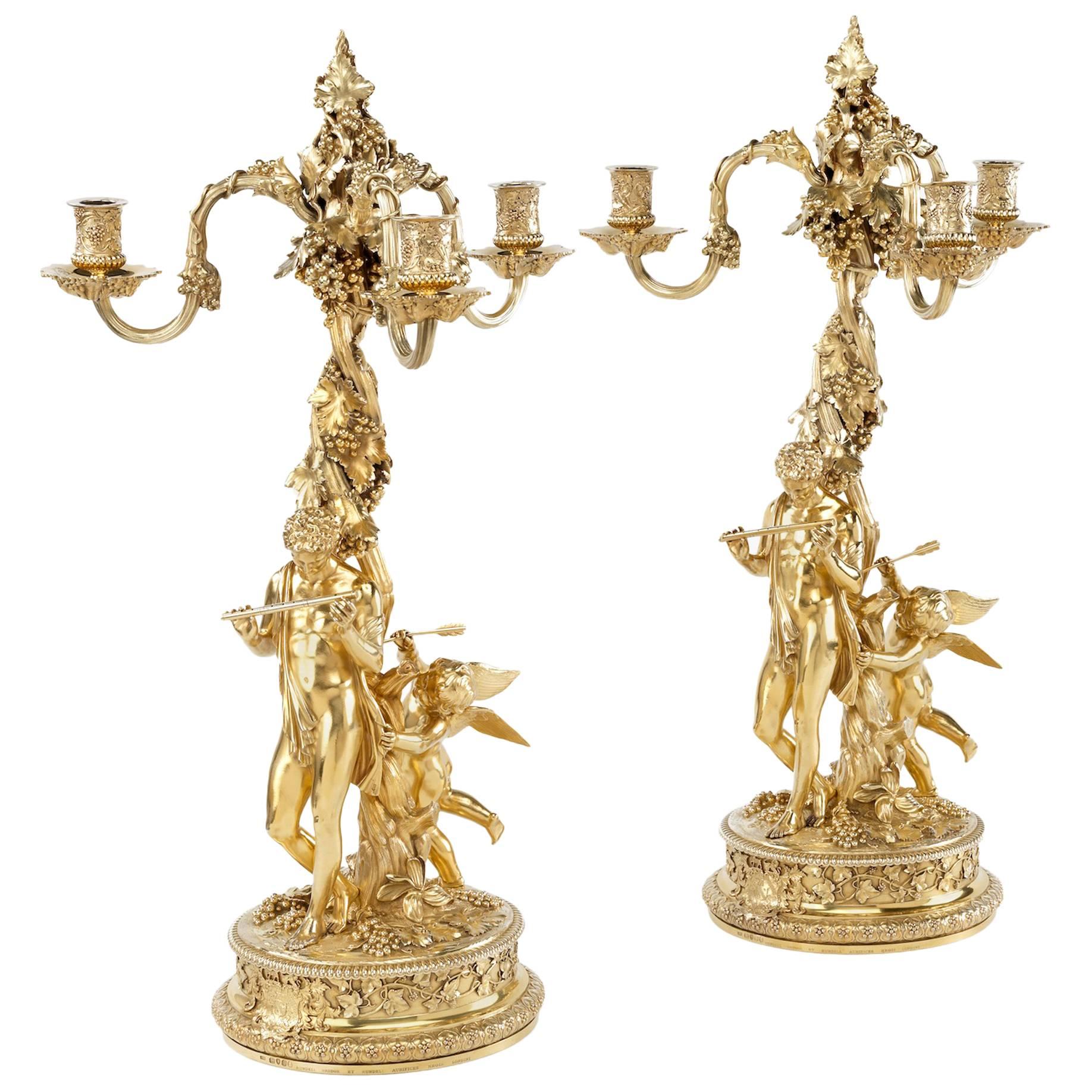 Outstanding Pair of Sterling Silver-Gilt Three-Light Candelabra For Sale