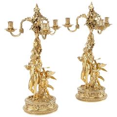 Outstanding Pair of Sterling Silver-Gilt Three-Light Candelabra