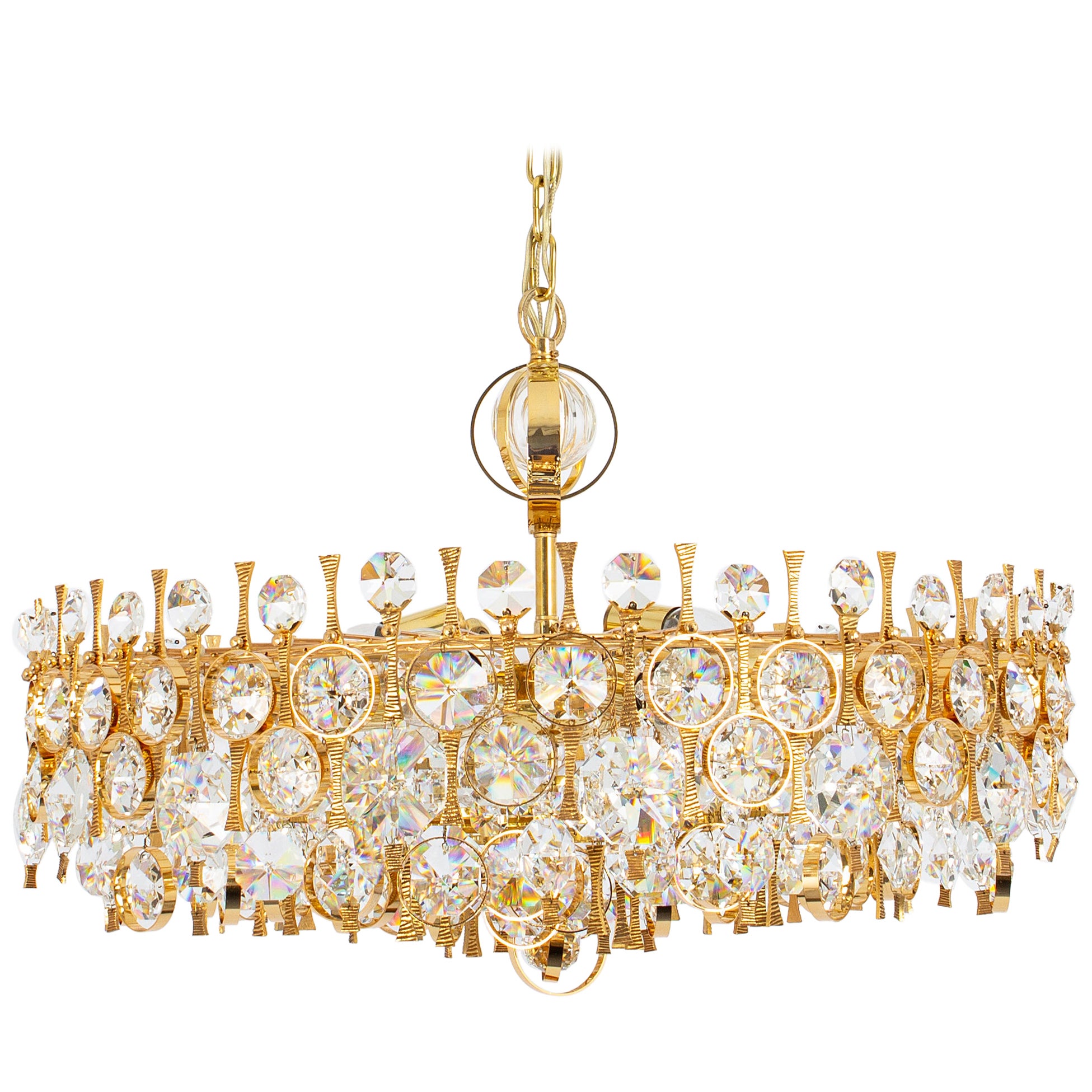 Large Gilt Brass and Crystal Chandelier, by Palwa, Germany, 1970s