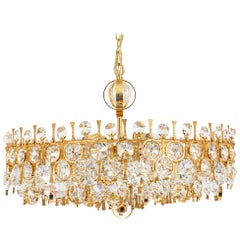 Grande lampadario in ottone dorato e cristallo, di Palwa, Germania, anni '70