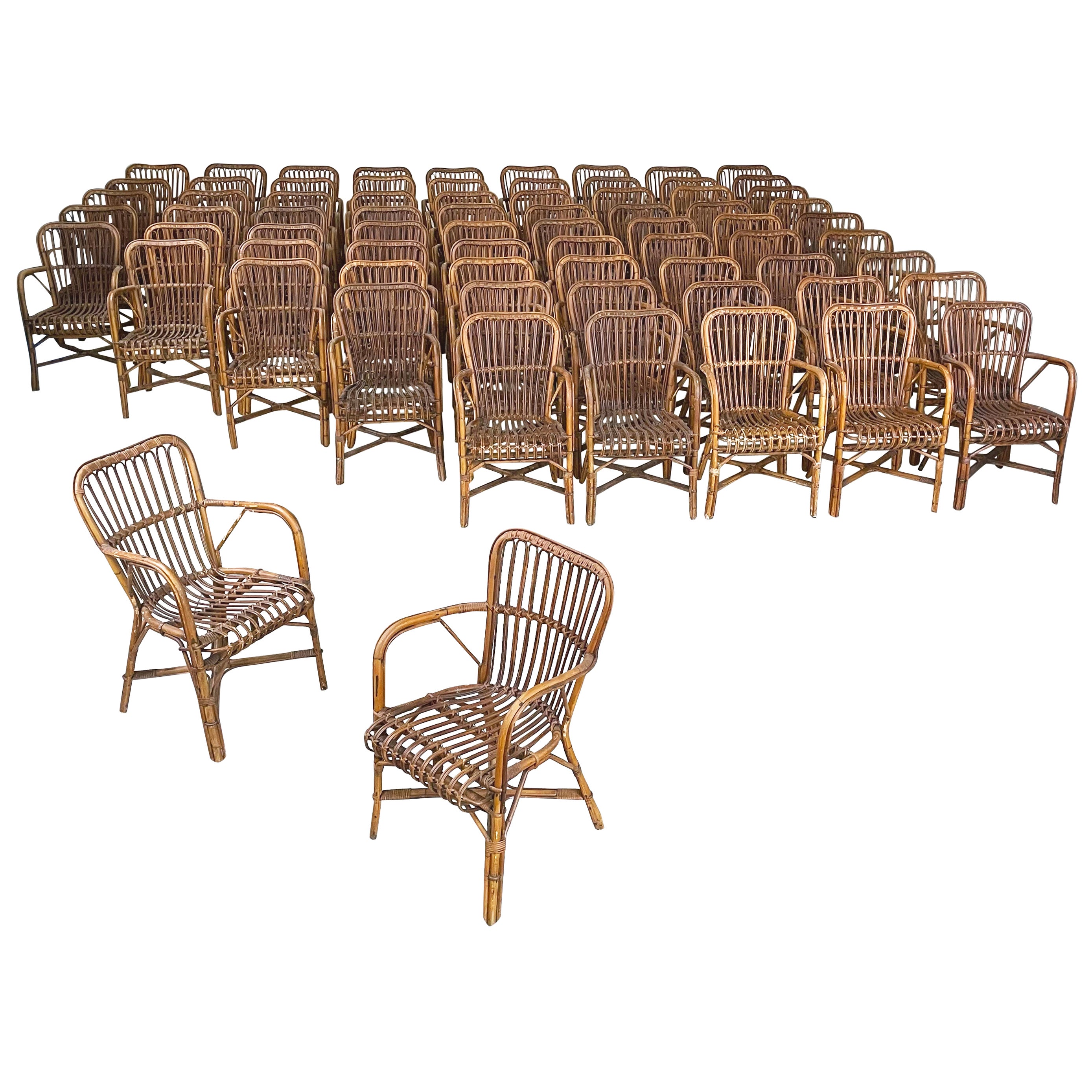Fauteuils d'extérieur italiens du milieu du siècle en bambou et rotin, années 1960