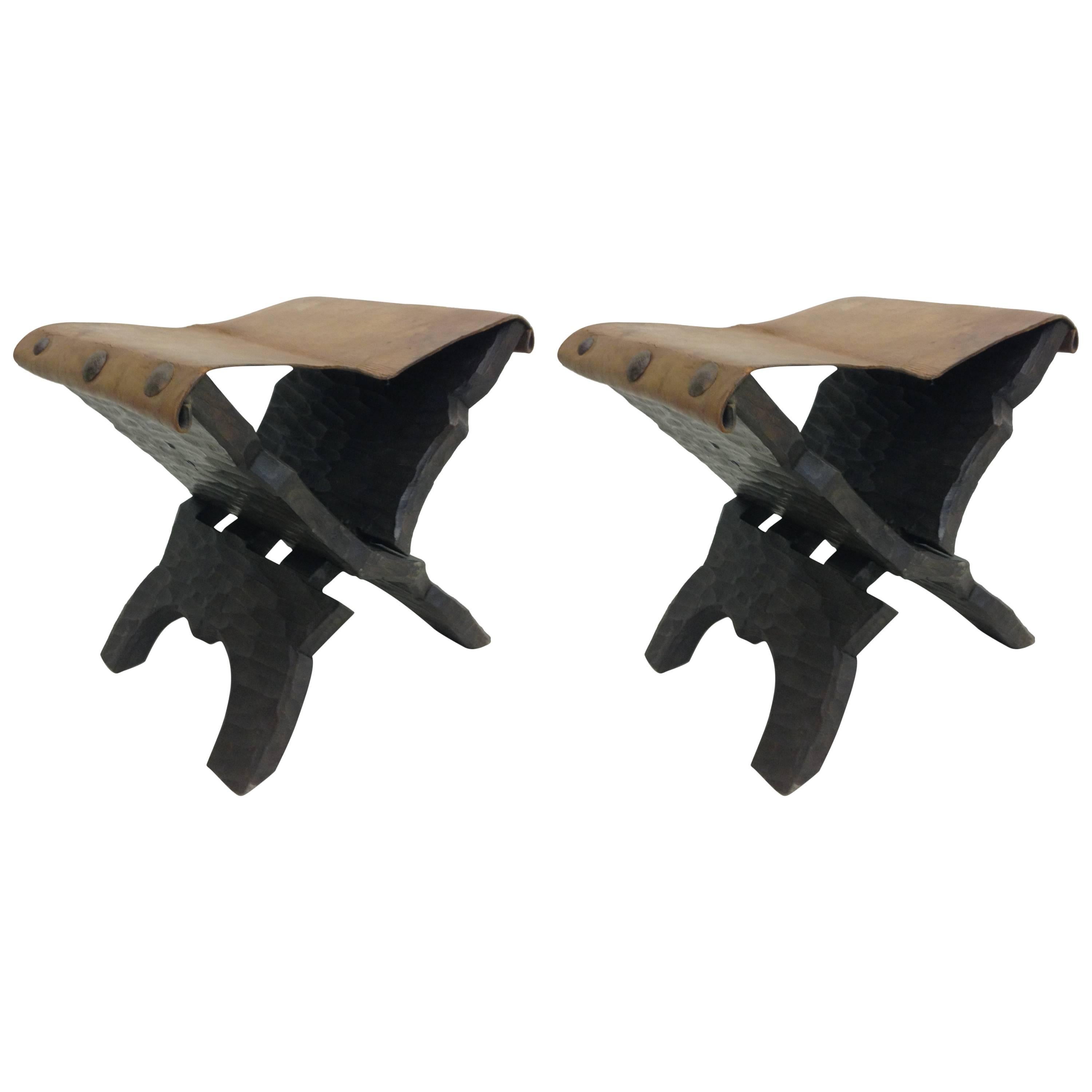 20th Century Pair French Mid-Century Modern Carved Wood & Leather Stools, Jean-Michel Frank For Sale