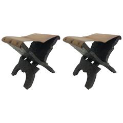 Pair of French Brutalist Carved Wood and Leather Stools or Benches 2
