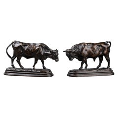 Rosa Bonheur : "Bull and cow", end of XIXth c. brown patinated bronze pendants