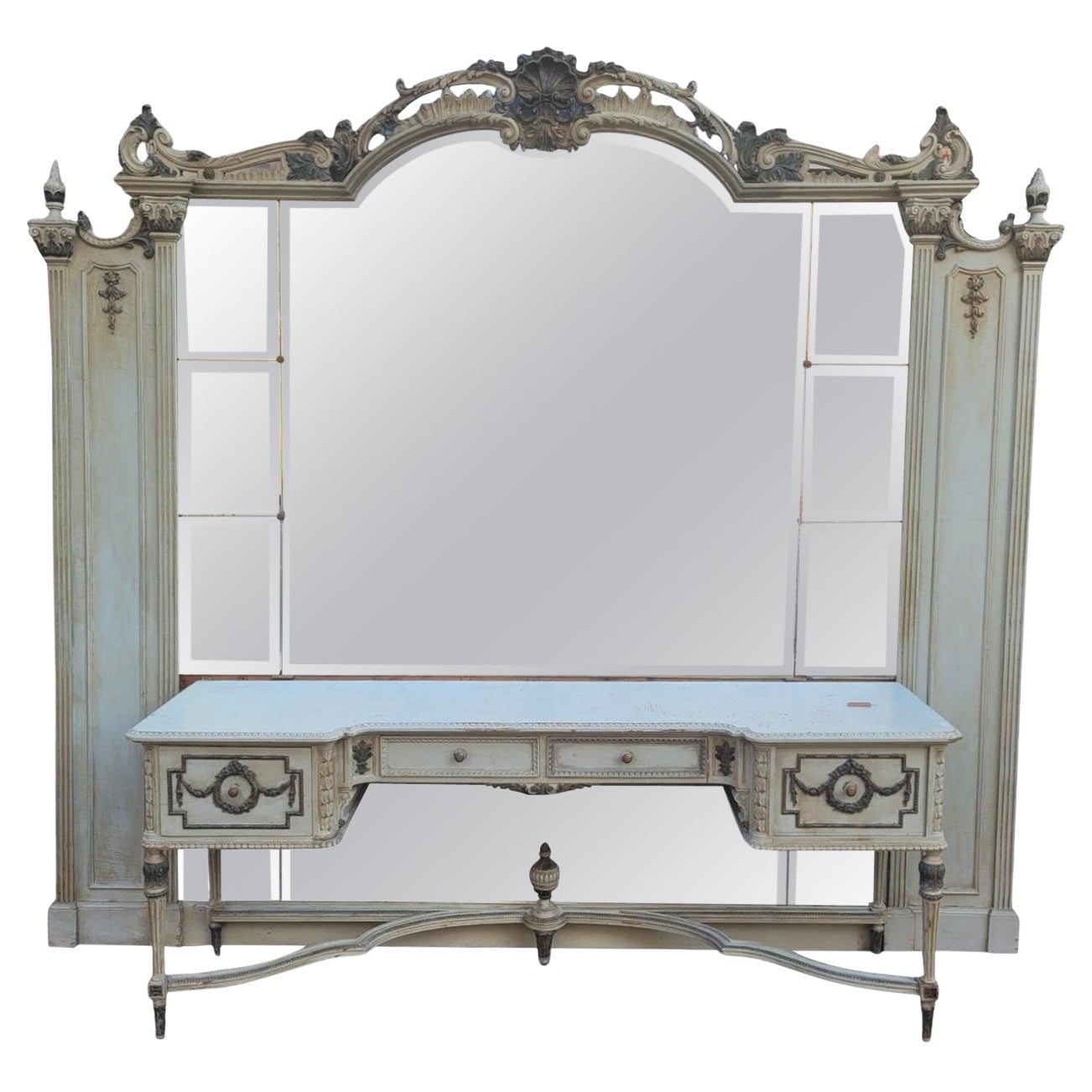 Lacquered Wood Dressing Table And Mirror In Louis XVI Style, Early 20th Century