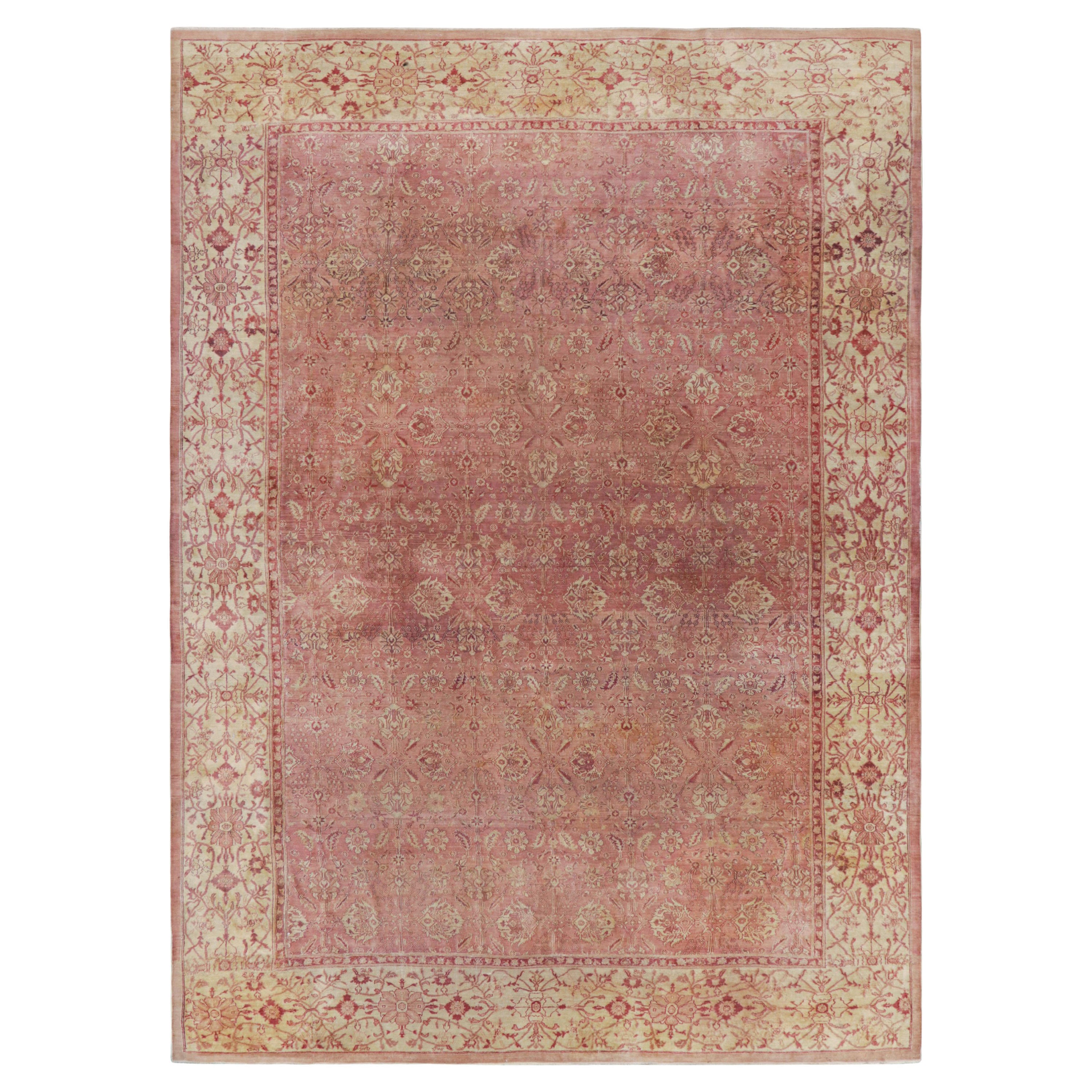 Antique Agra Rug in Pink and Cream Floral Patterns For Sale