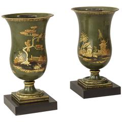 Fine Pair of Regency Tole Green Lacquered Single Candlestick Lamps