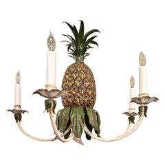 Estate Hand-Painted Tole Pineapple Light Fixture, Circa 1940-1950.