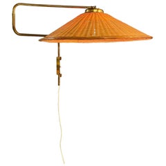 Vintage Finnish Design Adjustable Wall Lamp in Brass & Wicker, Valinte 1950s