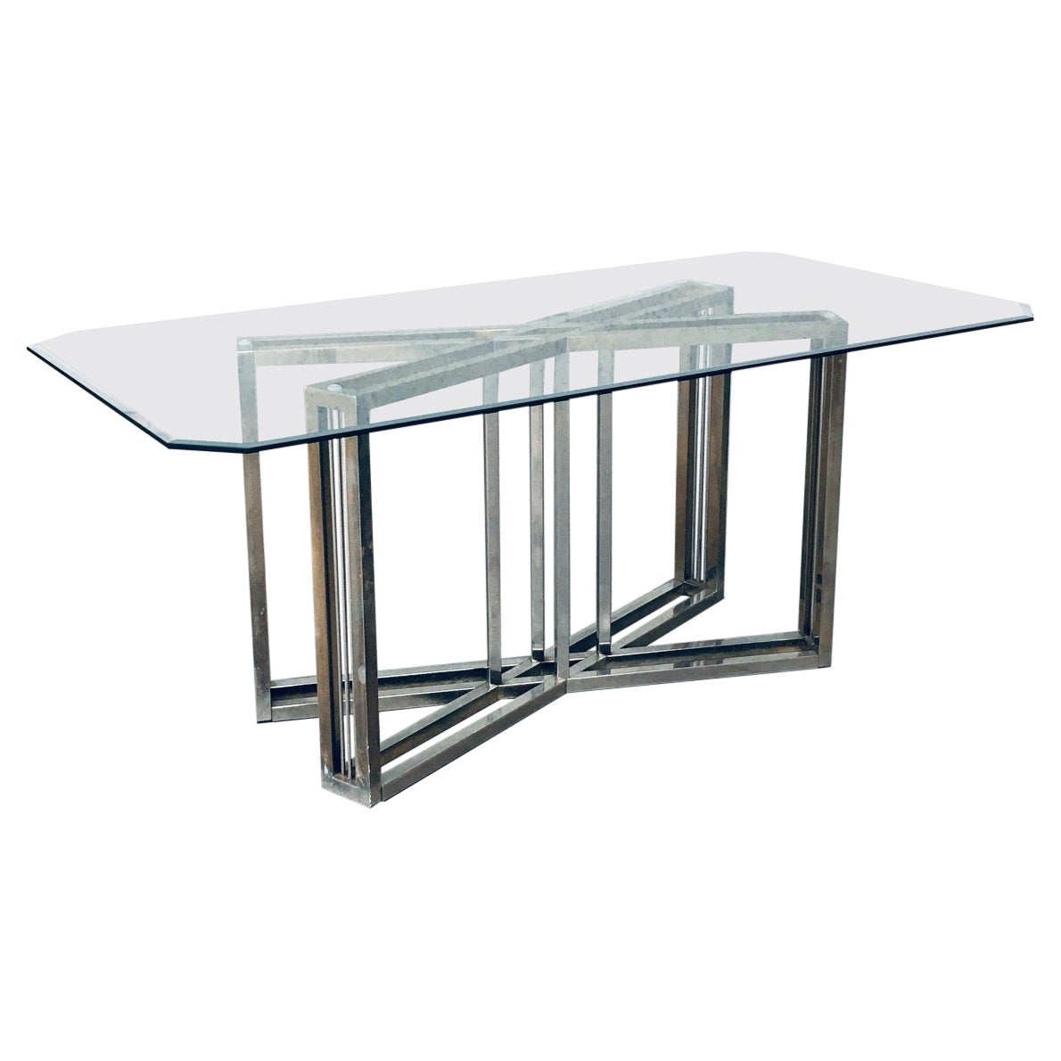 Mesa de comedor de diseño geométrico en latón y cristal de Belgochrom