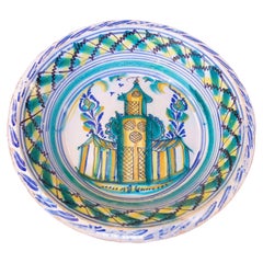 19th Century Spanish Triana "Lebrillo" Ceramic Plate with Painted building