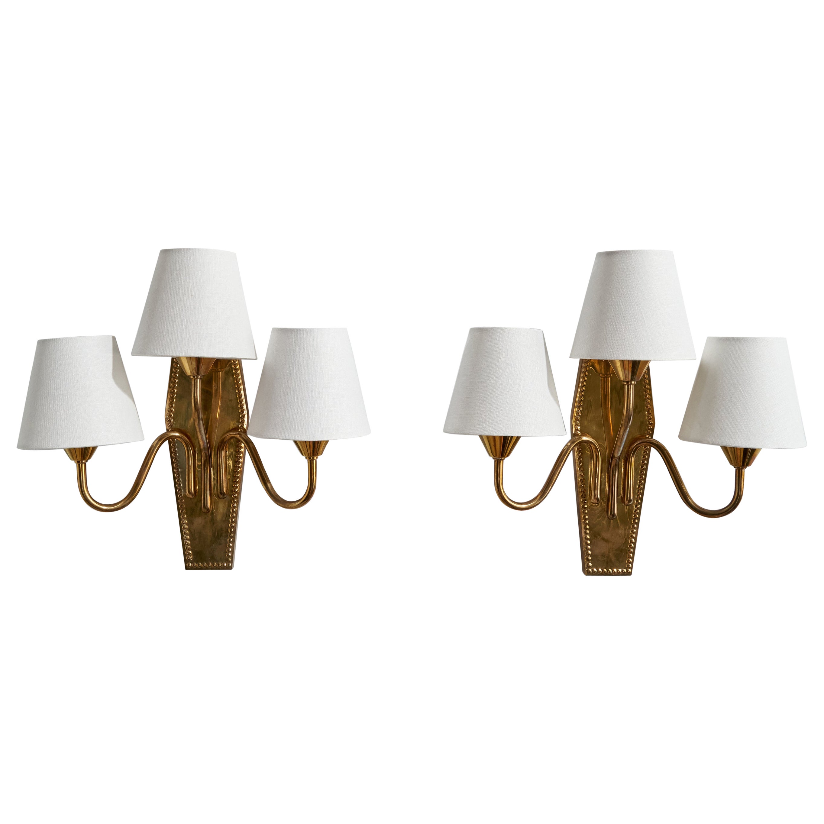 Swedish Designer, Wall Lights, Brass, Fabric, Sweden, 1950s