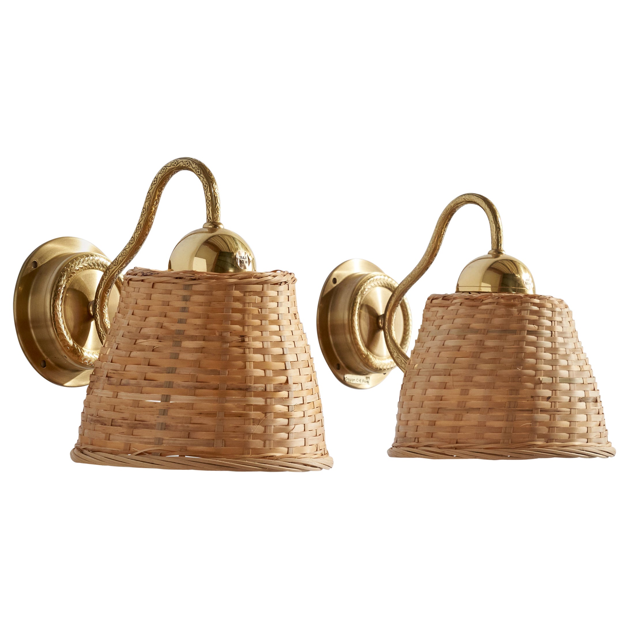 C.E. Fors, Wall Lights, Brass, Rattan, Sweden, 1970s
