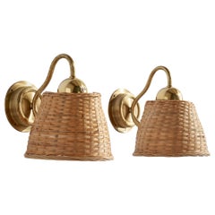 C.E. Fors, Wall Lights, Brass, Rattan, Sweden, 1970s