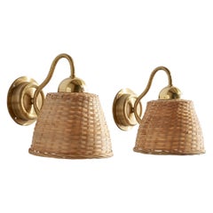 C.E. Fors, Wall Lights, Brass, Rattan, Sweden, 1970s