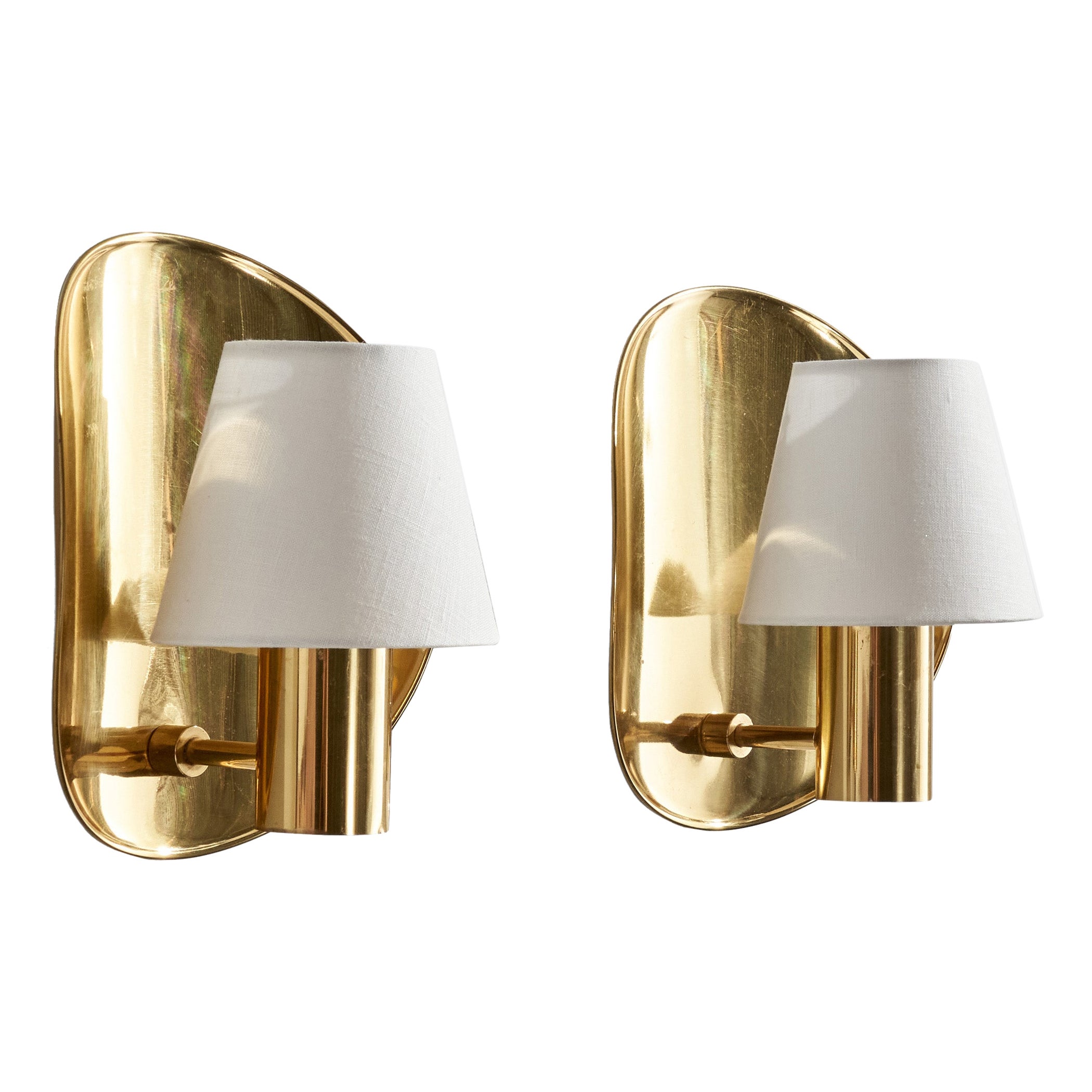 Norwegian Designer, Wall Lights, Brass, Fabric, Norway, 1960s