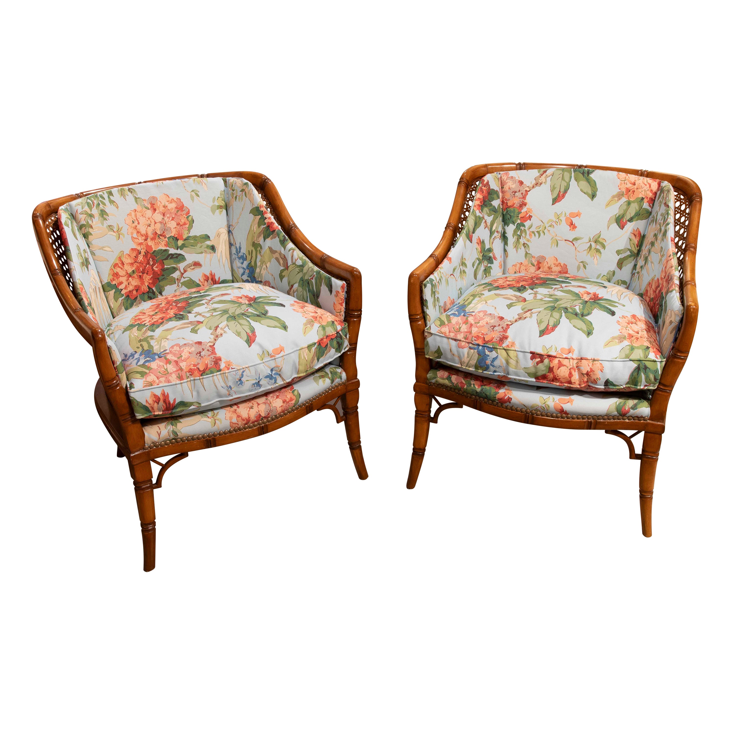 1970s Pair of Upholstered Armchairs with Floral Decoration