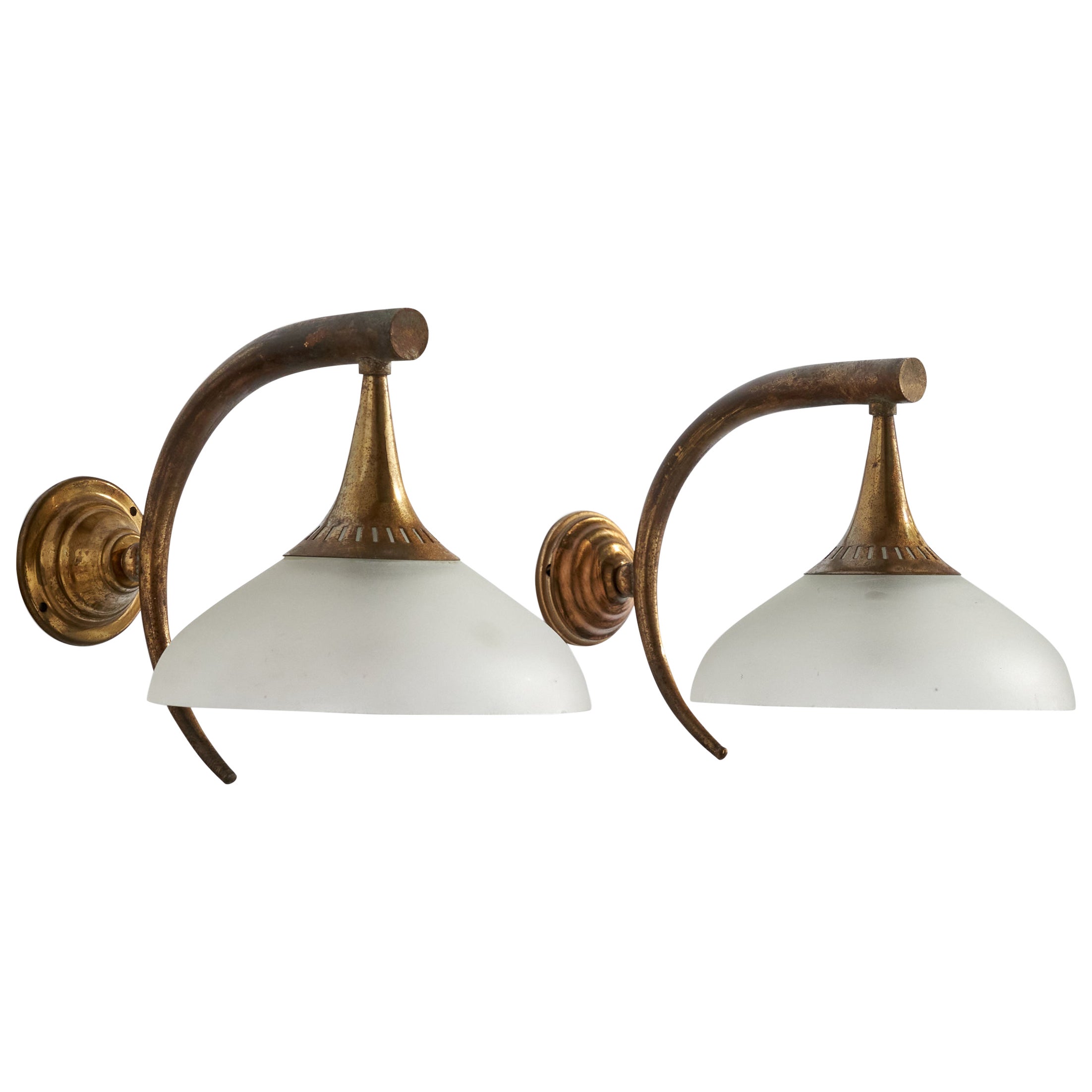 Italian Designer, Wall Lights, Brass, Glass, Italy, 1930s