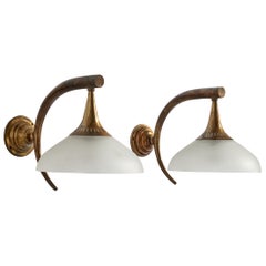 Italian Designer, Wall Lights, Brass, Glass, Italy, 1930s