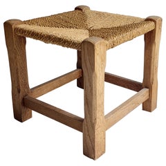 Vintage Mid century rustic low woven stool seagrass footrest, 50s