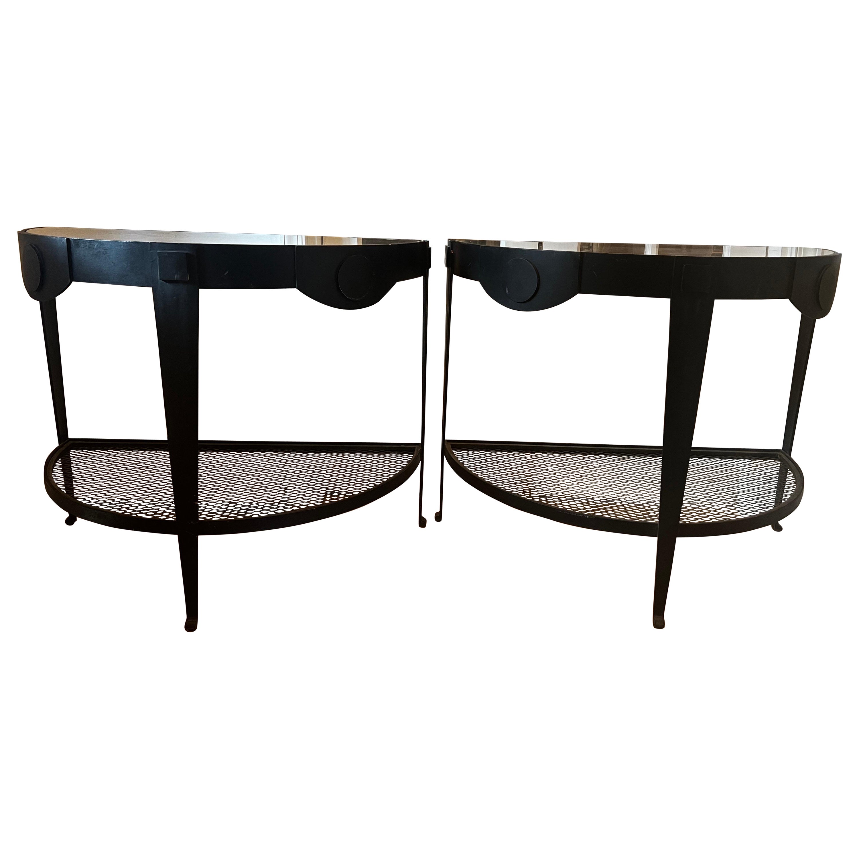 Pair of Hollywood Regency Black Iron Demilune Tables