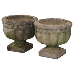 Vintage Pair of Mid-Century French Stone Garden Urns Planters