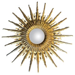 Miroir mural espagnol superposé et complexe en bois doré sculpté Soleil Sunburst Starburst