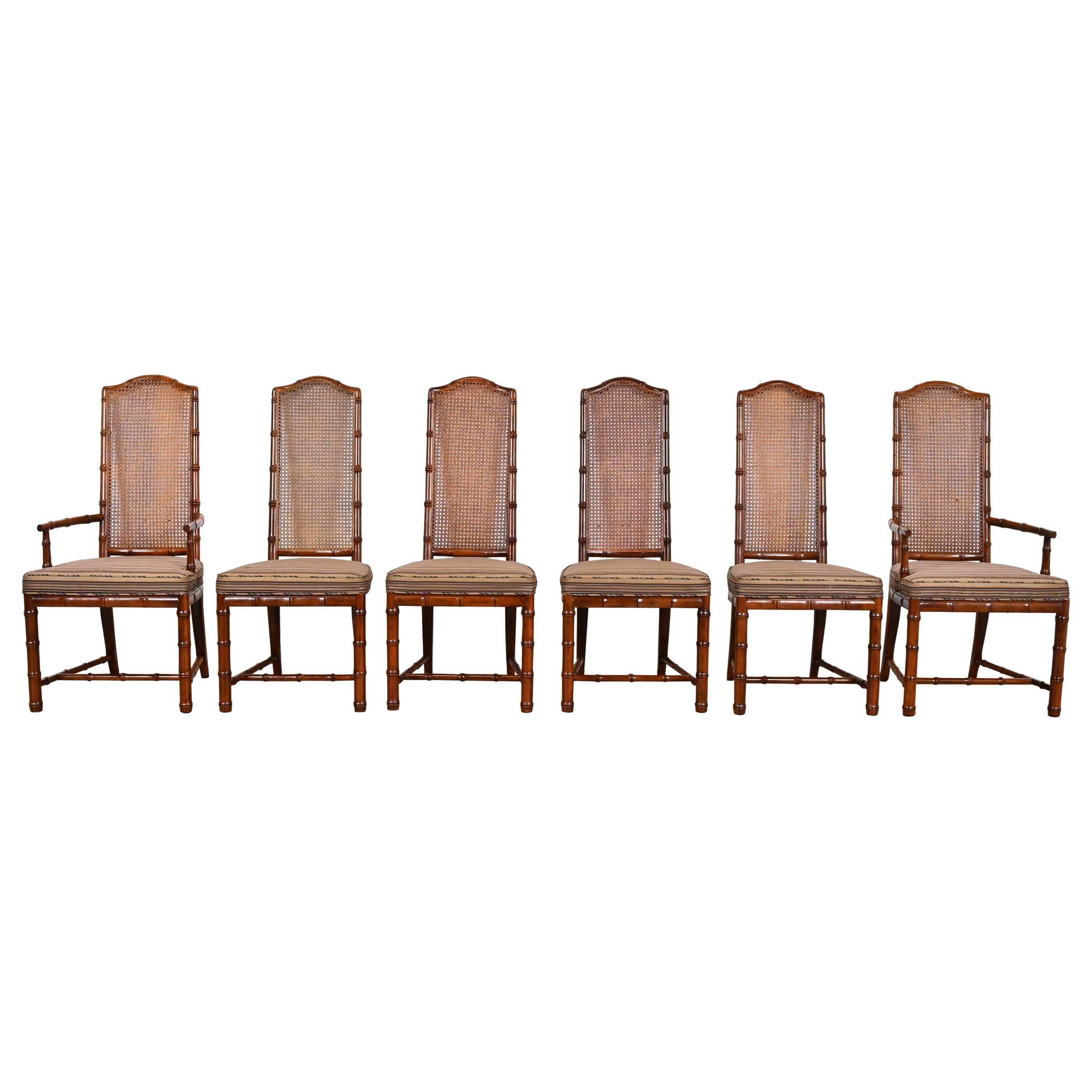 Henredon Mid-Century Hollywood Regency Walnut and Cane Bamboo Form Dining Chairs