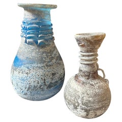 1970s Set of Two Cenedese Style Blue and Gray Scavo Murano Glass Vases