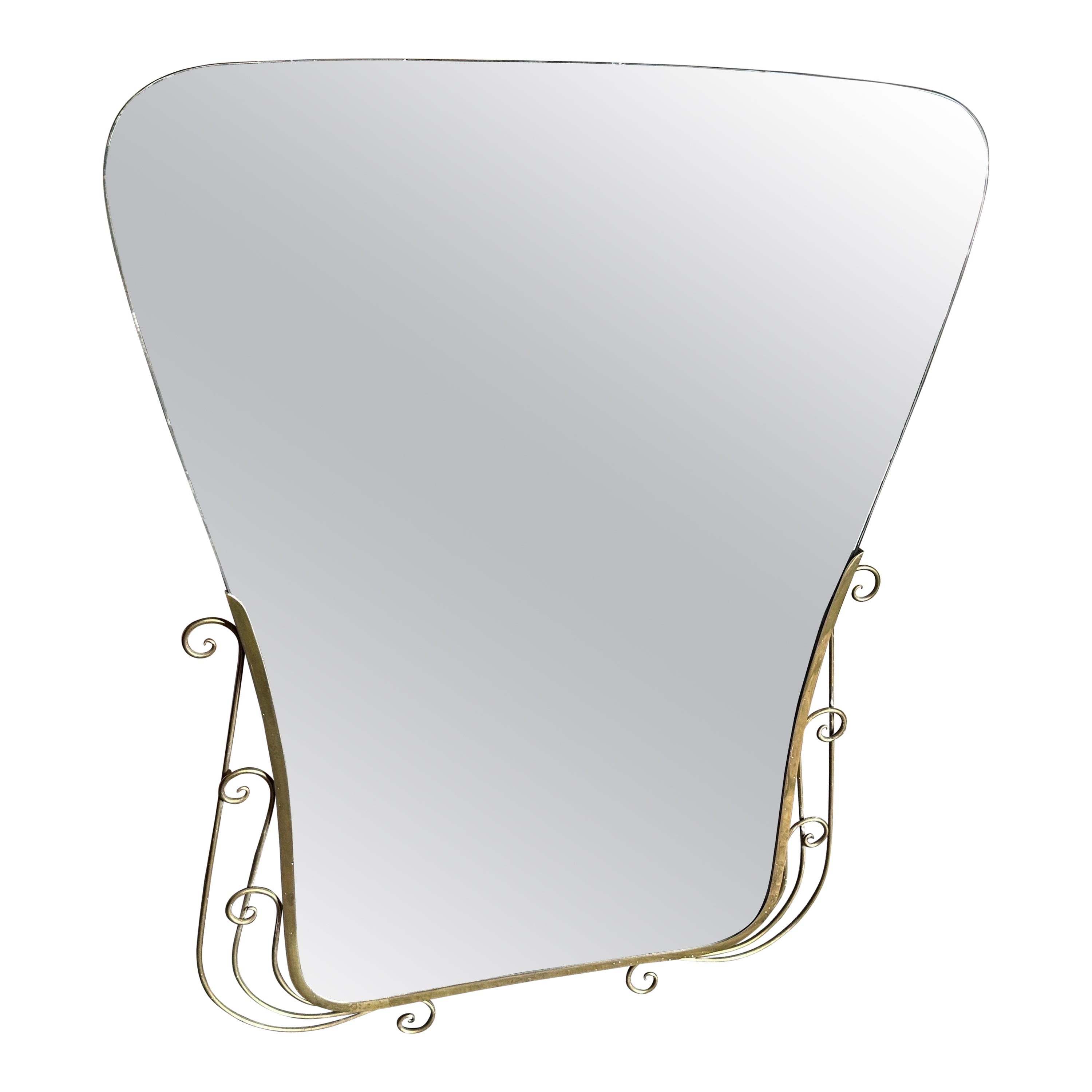 1950s Gio Ponti Style Mid-Century Modern Brass and Glass Wall Mirror For Sale