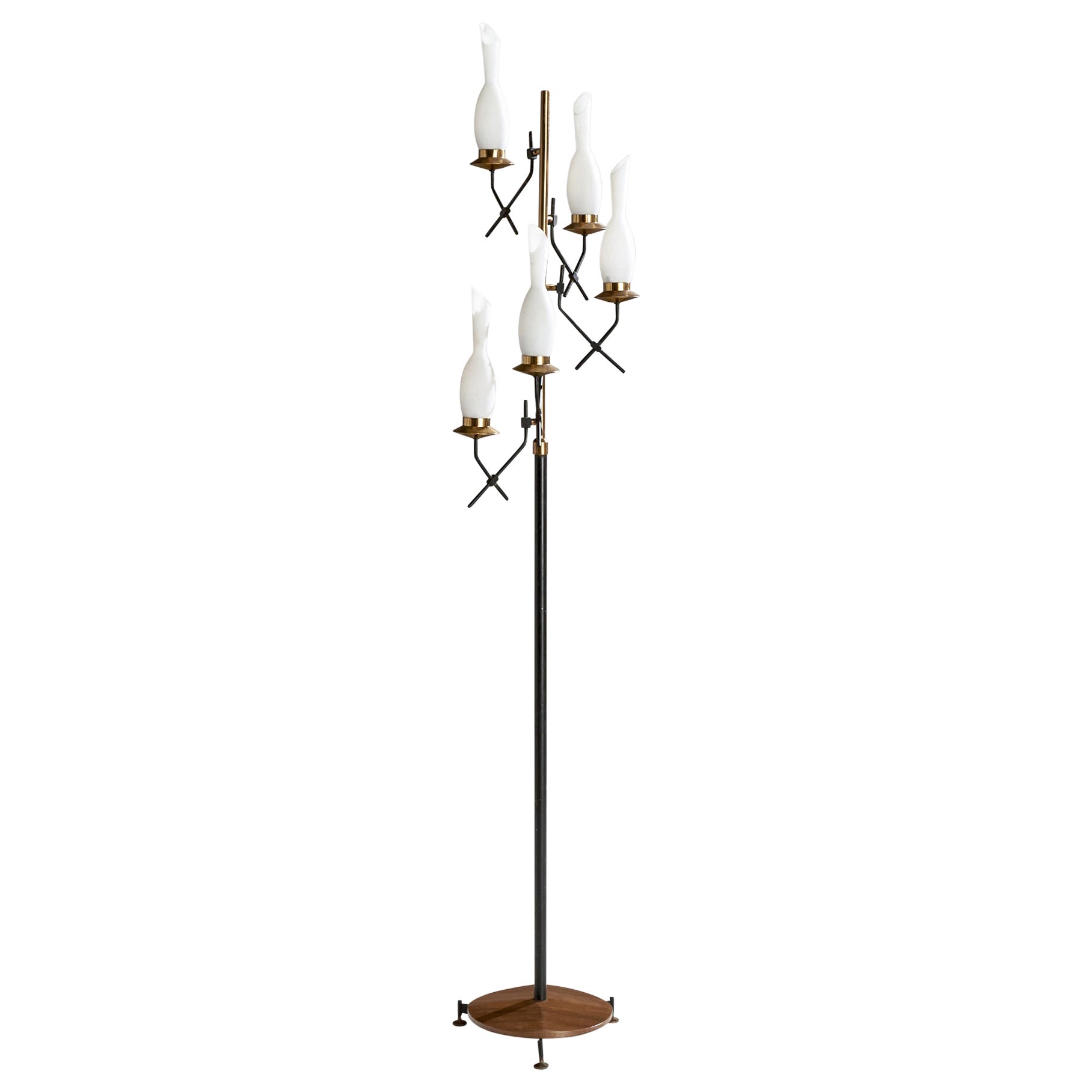 Lampada da terra di design italiano, ottone, teak, vetro, metallo, Italia, anni '50