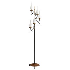 Lampada da terra di design italiano, ottone, teak, vetro, metallo, Italia, anni '50