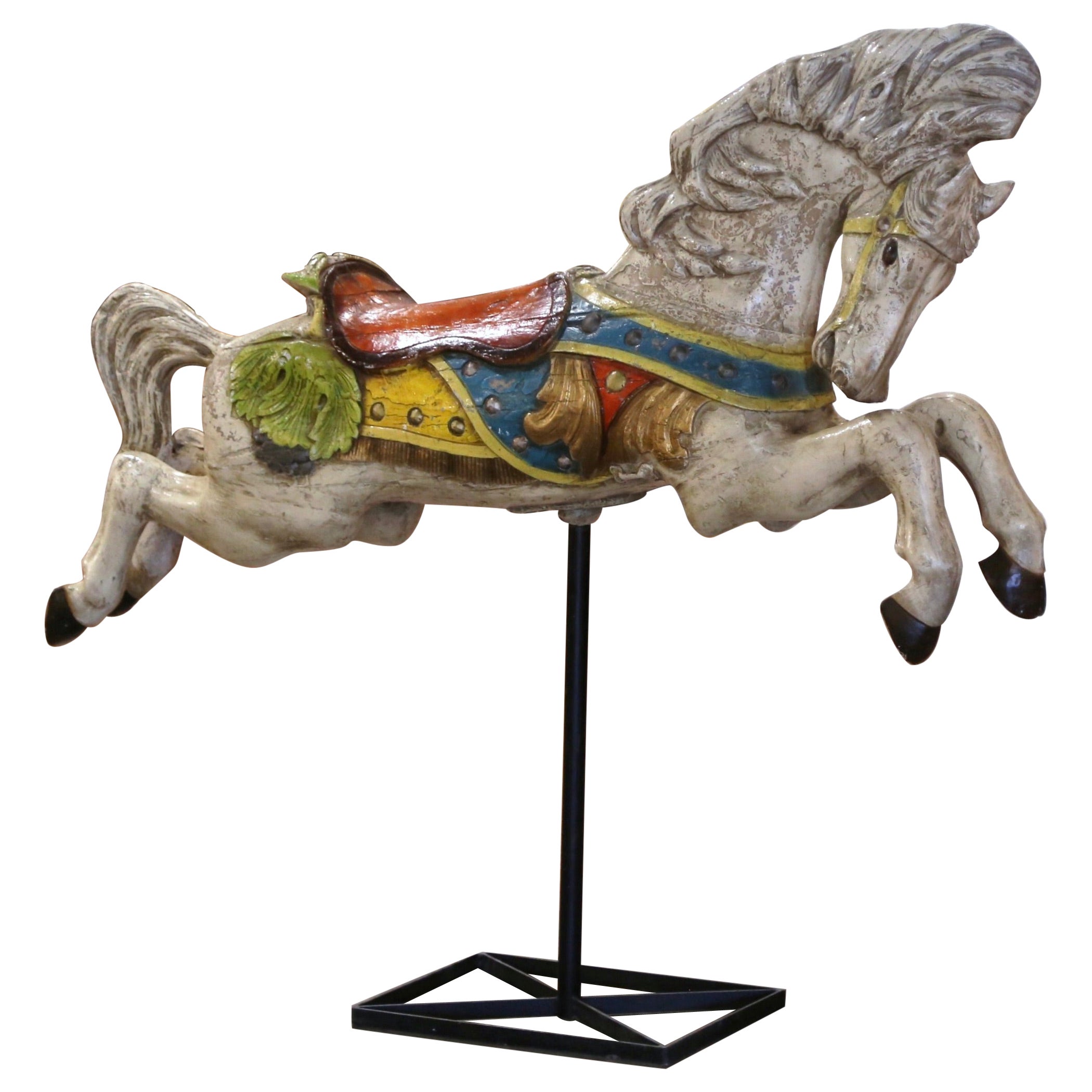Mid-Century French Carved and Painted Carousel Horse on Metal Stand