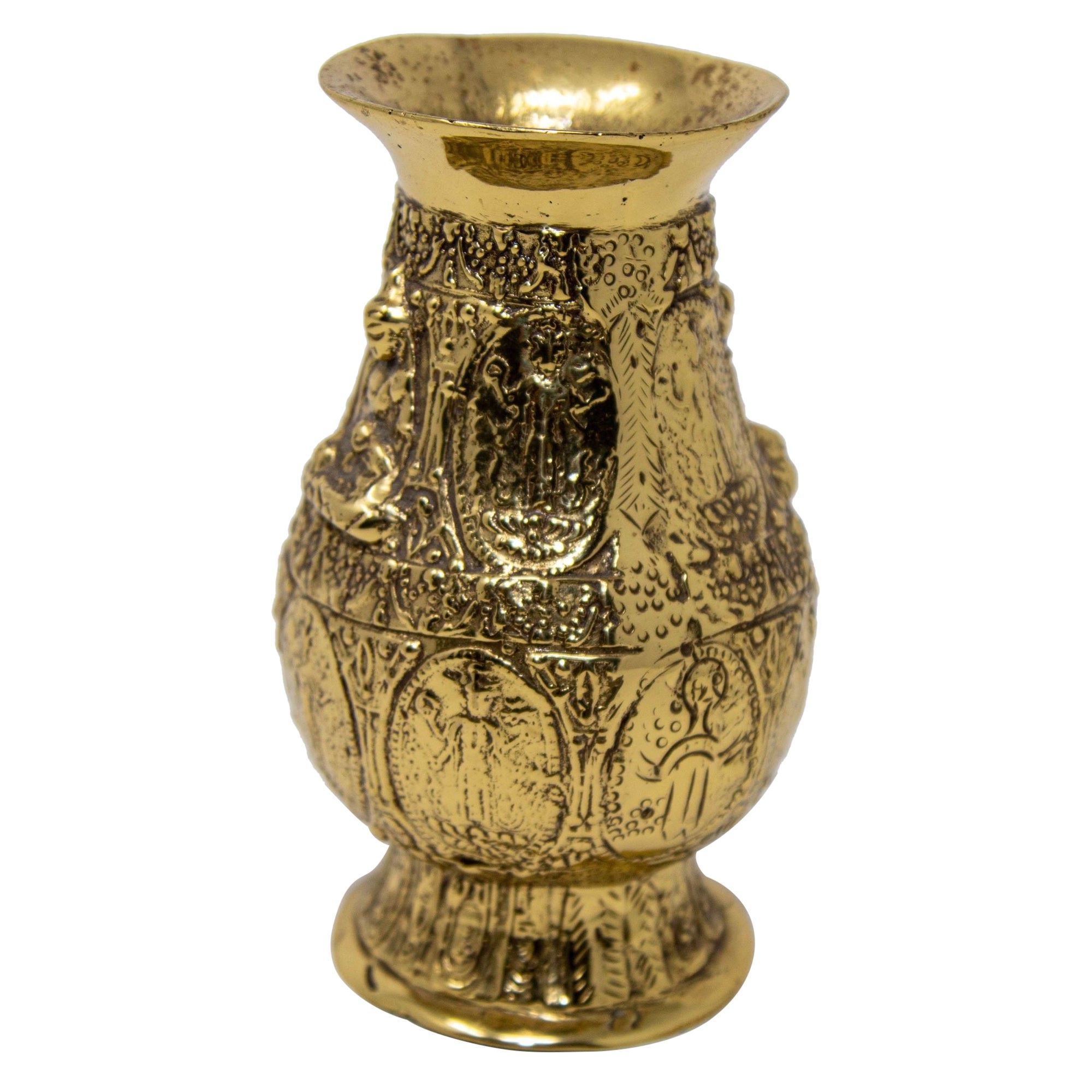 Antique Asian Polished Gold Brass Ashta Lakshmi Hindu Pot India For Sale