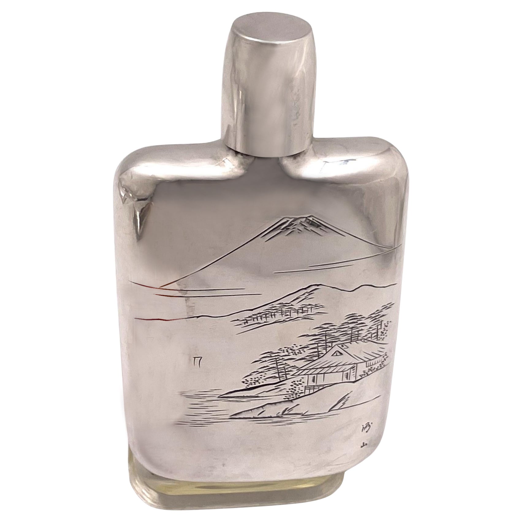 Japanese Sterling Silver Flask with Engraved Japanese Landscape with Shot Glass For Sale