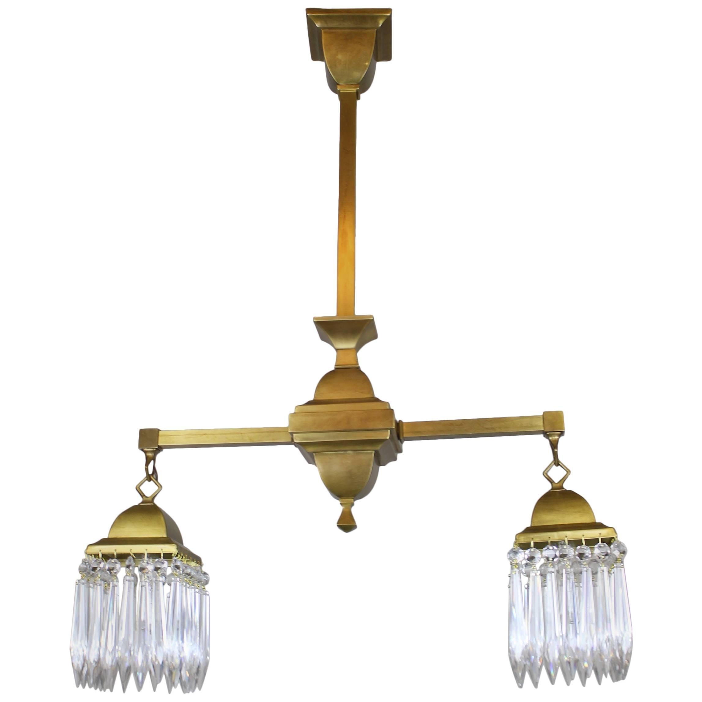 Mission Crystal Fixture circa 1910 Satin Brass Two-Light For Sale