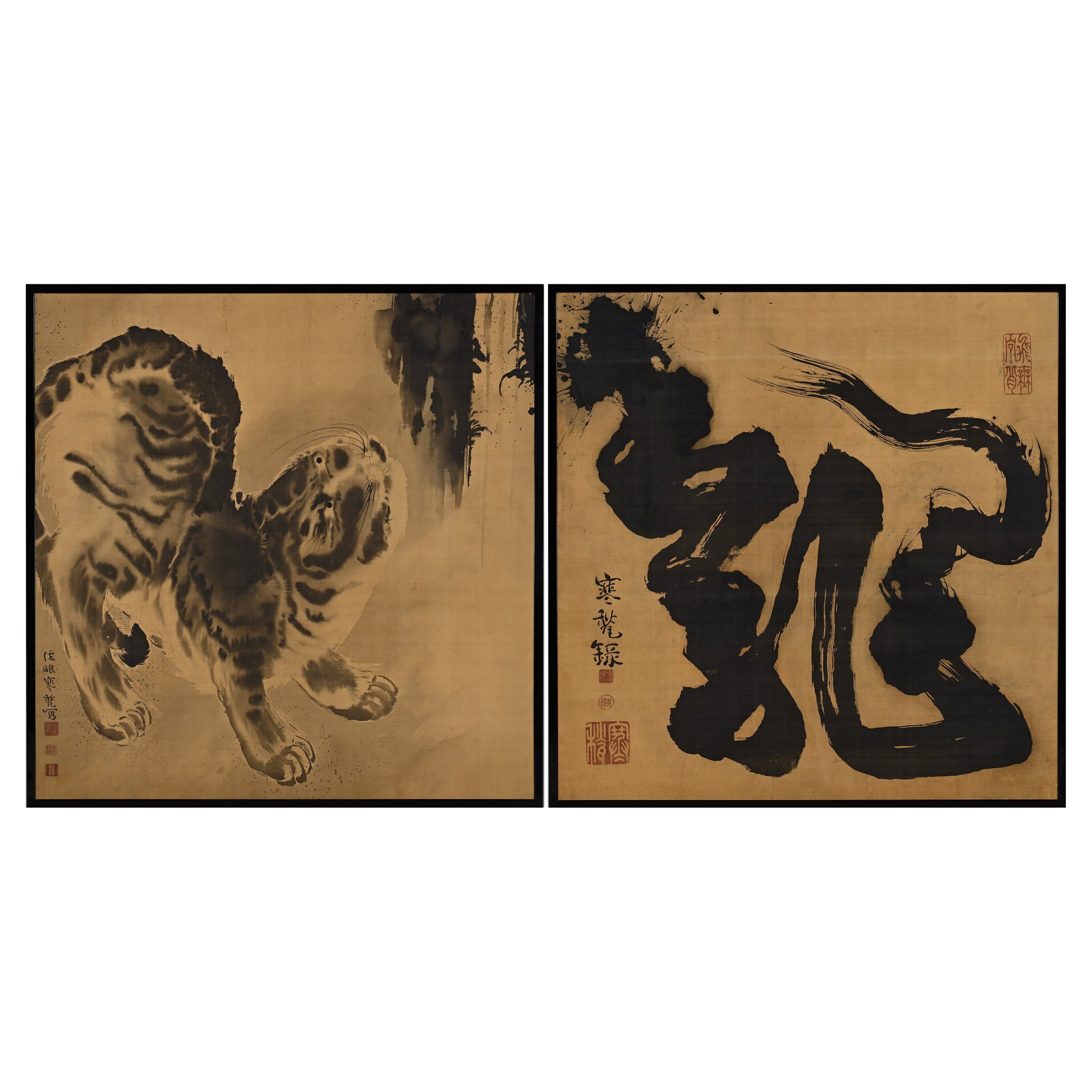 19th Century Japanese Paintings. Zenga Tiger and Dragon by Inoue Kanshu.