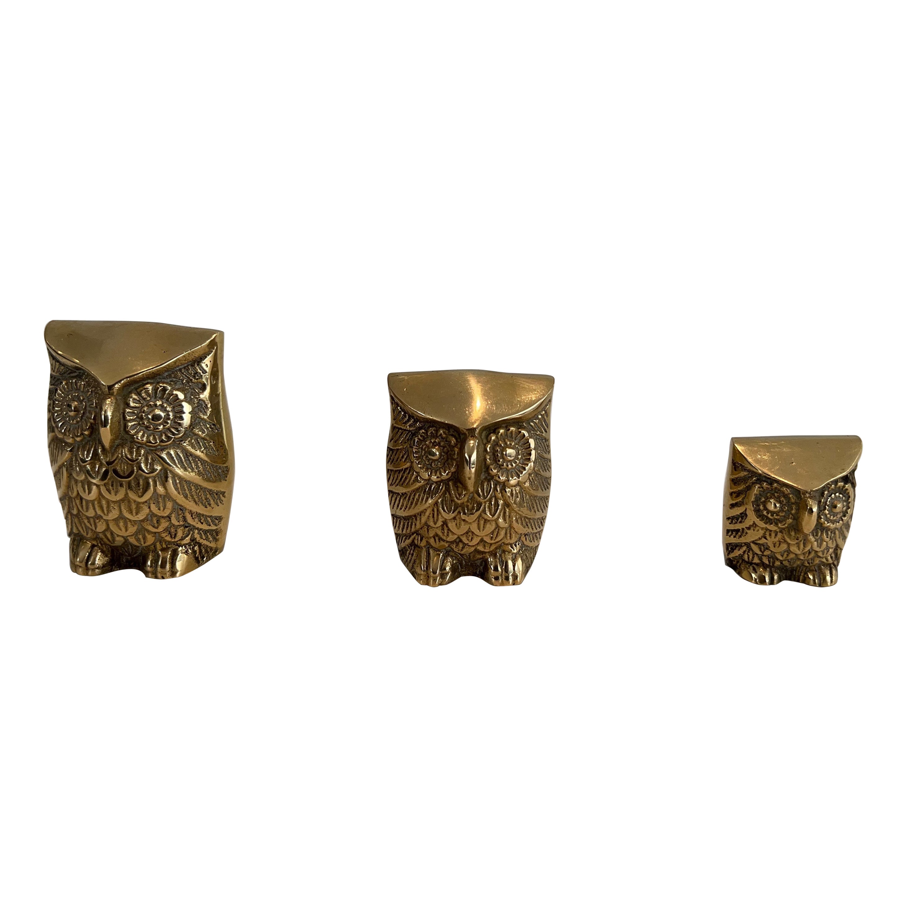 Set of 3 Small Decorative Brass Owls