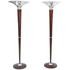 Pair of Torchiere Rosewood and Chrome Floor Lamps