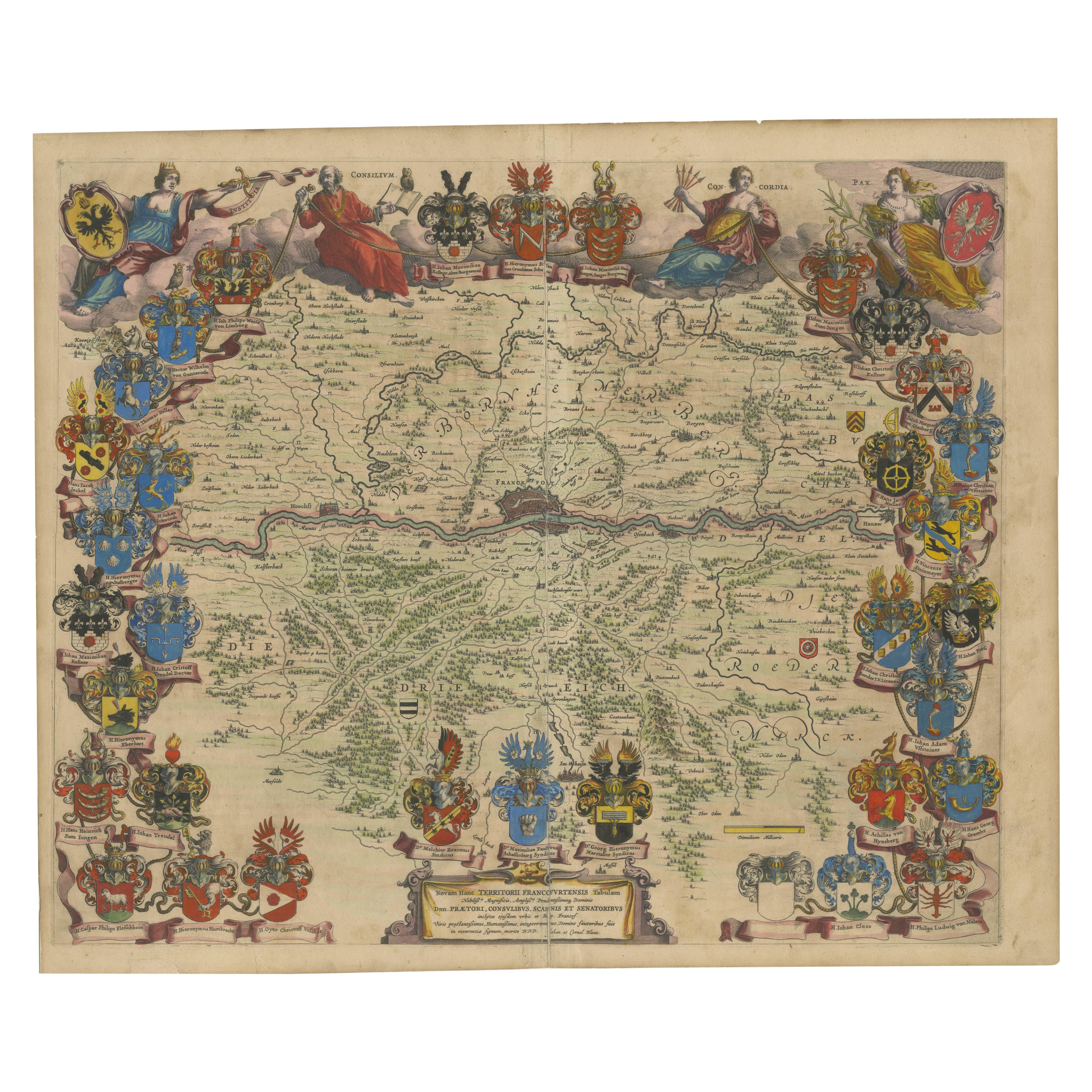 1663 Blaeu's Engraved Map of Frankfurt with Decorative Coats of Arms