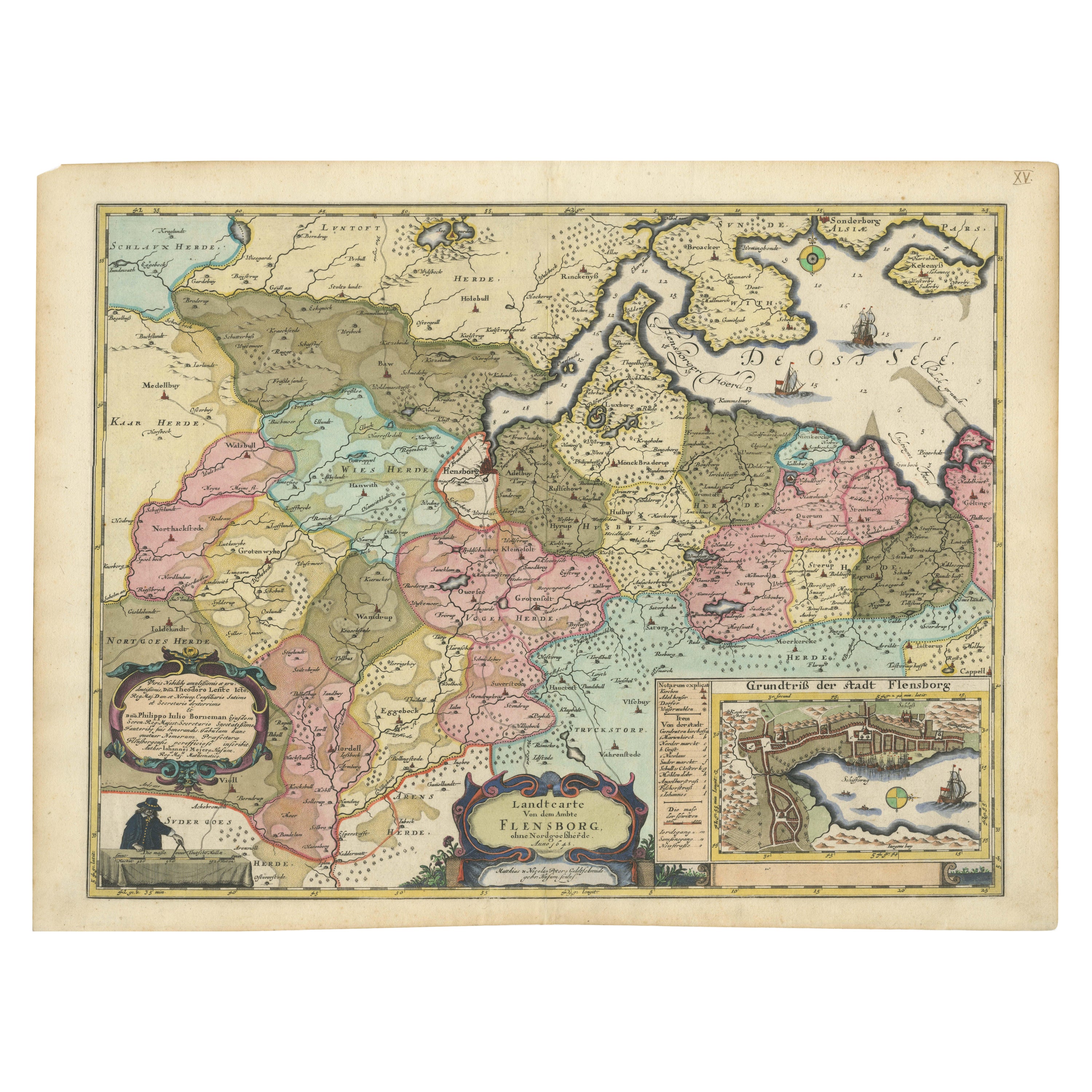 Cartographic Depiction of Flensburg and Surrounding Territories, Anno 1648 For Sale