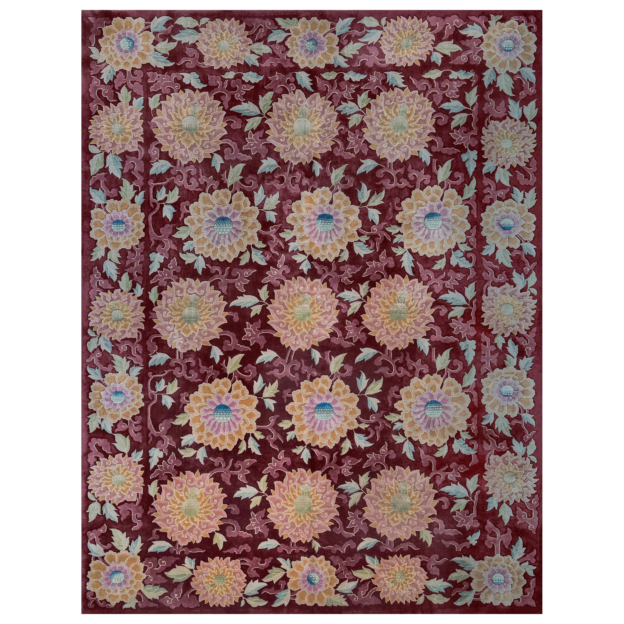 Authentic Antique Wool Burgundy Floral Chinese Rug For Sale