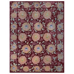 Authentique tapis chinois ancien en laine bourgogne à fleurs