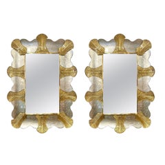 Maßgeschneiderte italienische Paar Art Deco Stil gebogene Blatt Murano Glas Messing Spiegel