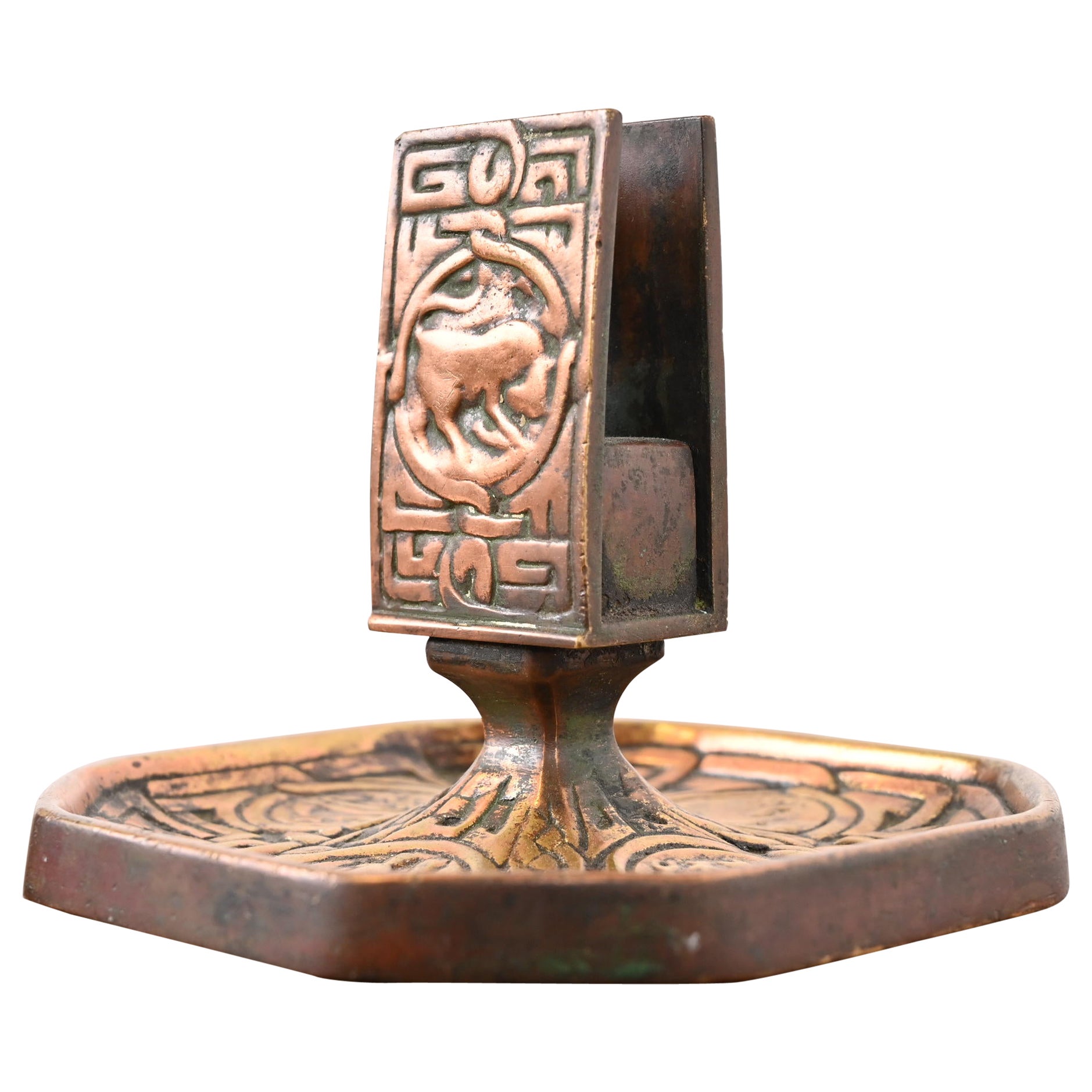 Tiffany Studios New York Porte-boîte d'allumettes Zodiac Doré en bronze
