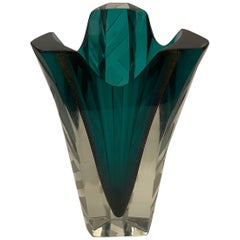 Wunderschöne Correia Art Glass Smaragdgrün Klar Elite Geätzte Moderne Vase